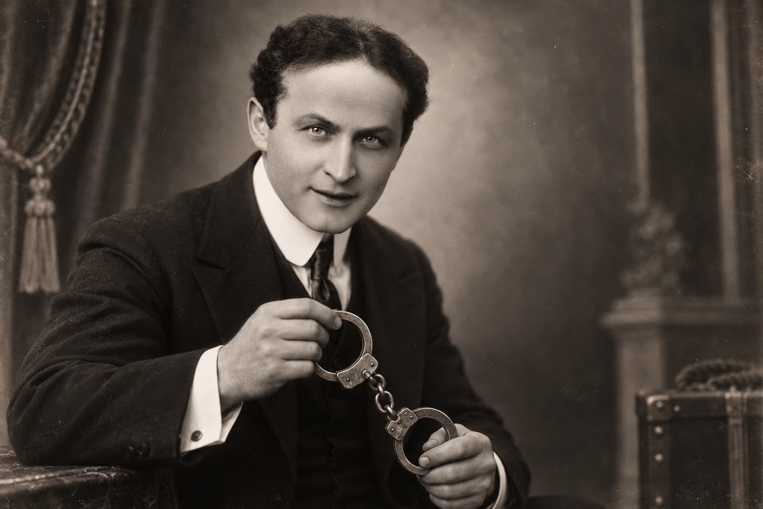 Houdini-inspirert portrett av en escape artist med håndjern.