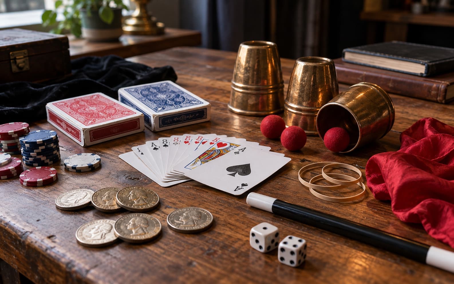 Tryllerekvisitter samlet på et bord med kortstokker, mynter, terninger, poker chips, strikk, cups and balls og silketørkle.
